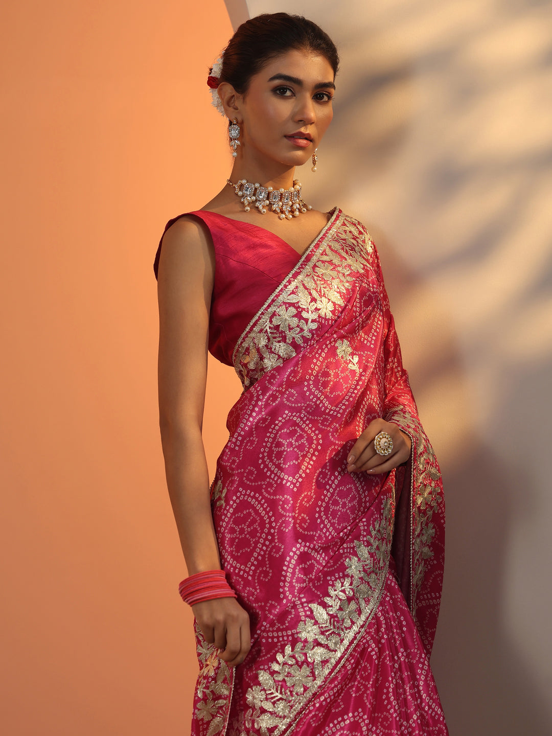 Pink Printed Chinon Saree With Unstitched Blouse Piece