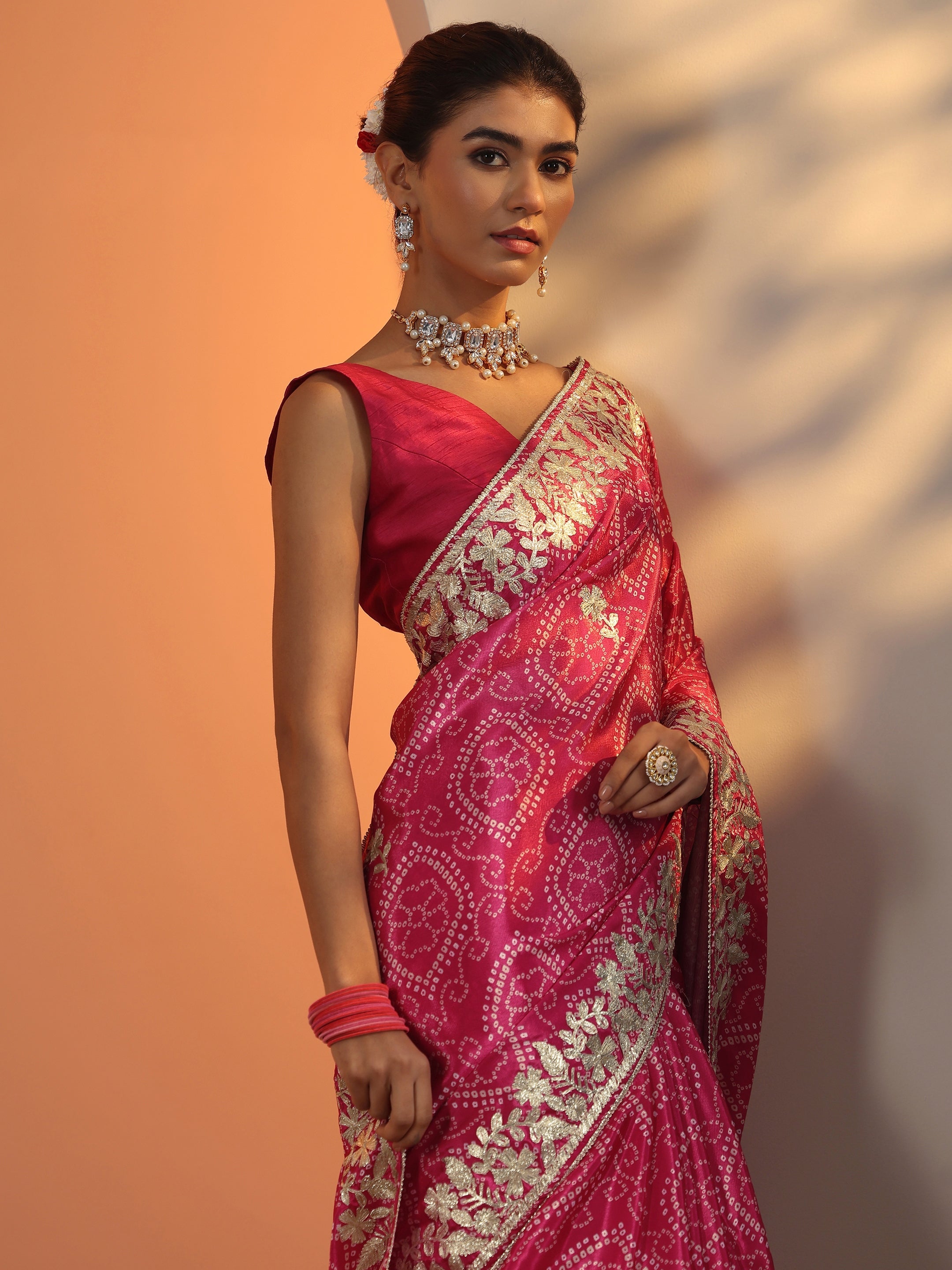 Pink Bandhani Printed Chinon Saree With Unstitched Blouse Piece-image-39