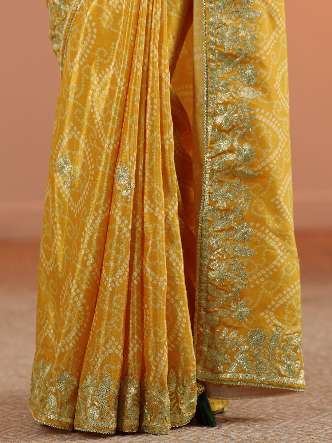  Yellow Printed Chinon Saree With Unstitched Blouse Piece 