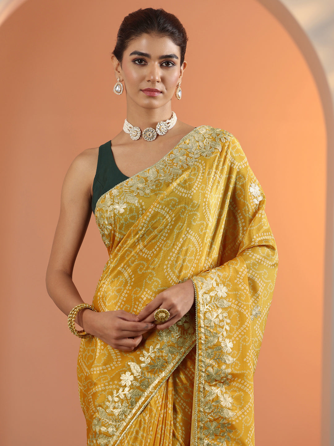  Yellow Printed Chinon Saree With Unstitched Blouse Piece 