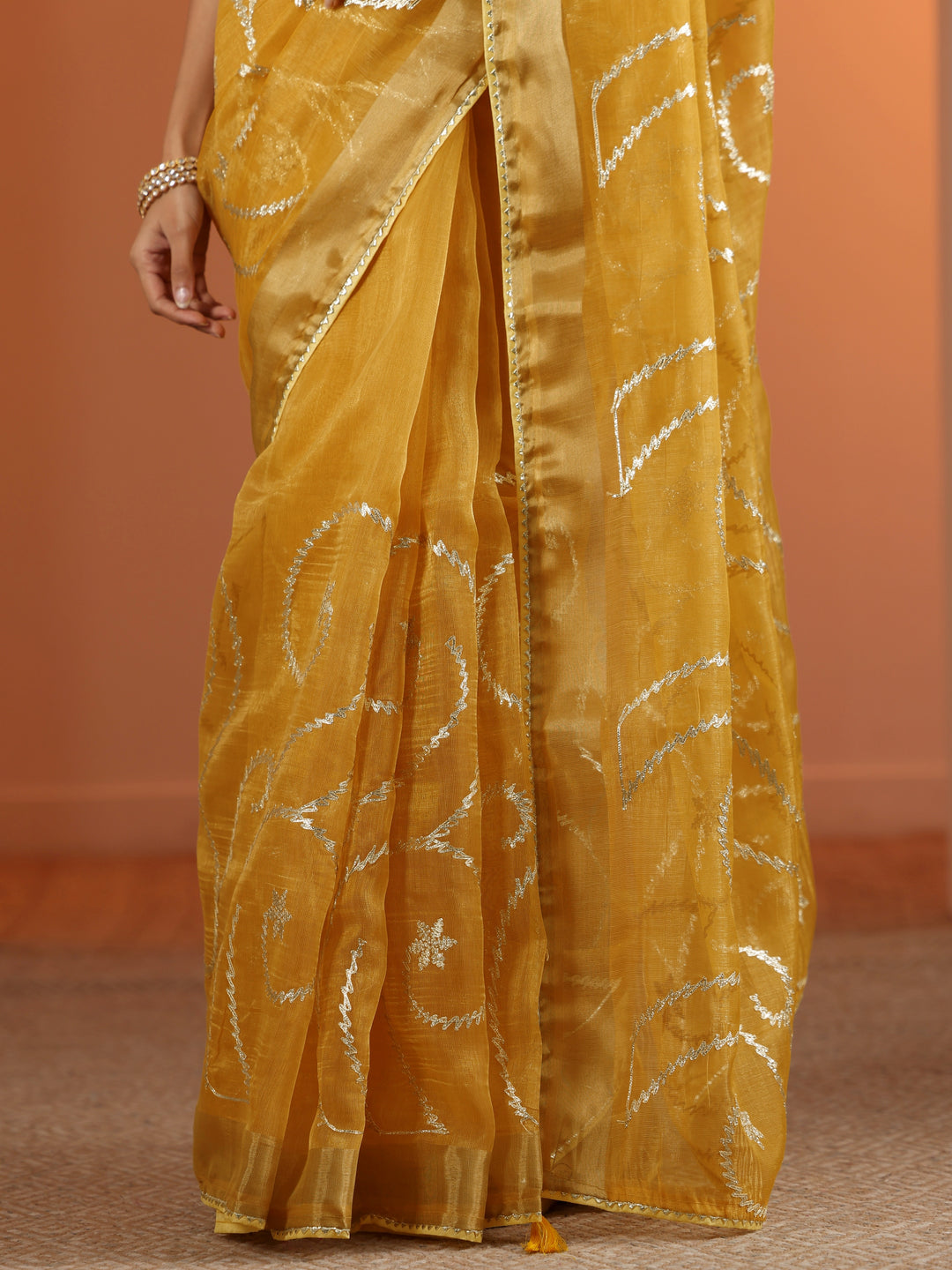  Yellow Embellished Nylon Saree With Unstitched Blouse Piece 