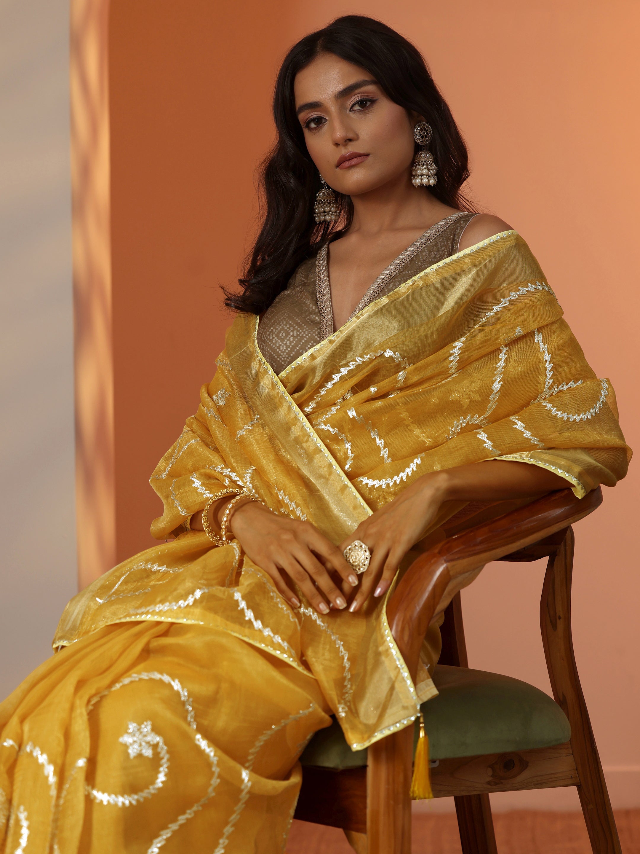 Yellow Embellished Nylon Saree With Unstitched Blouse Piece-image-17