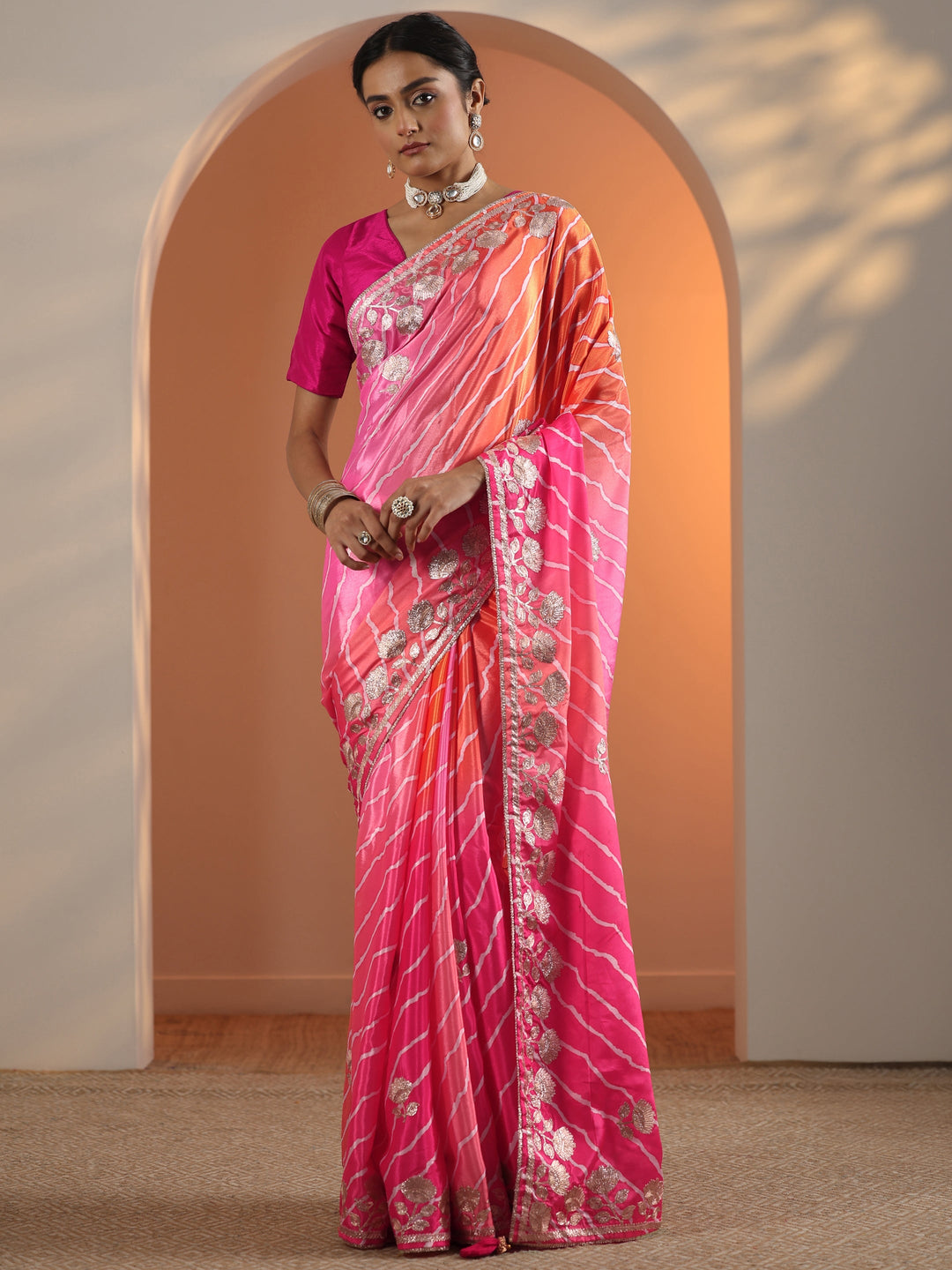  Pink Printed Chinon Saree With Unstitched Blouse Piece 