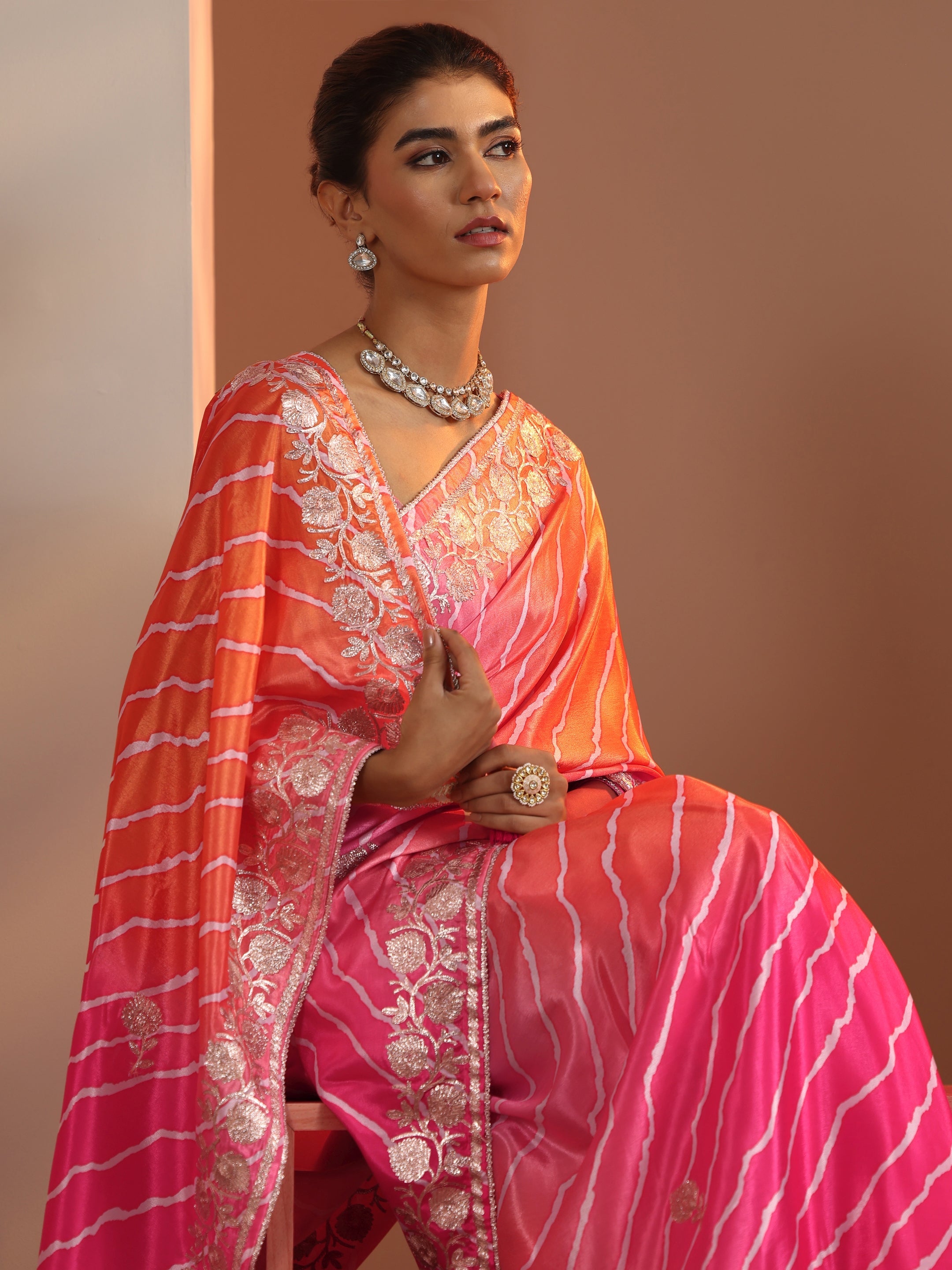 libas Pink Printed Chinon Saree With Unstitched Blouse Piece-picture-62