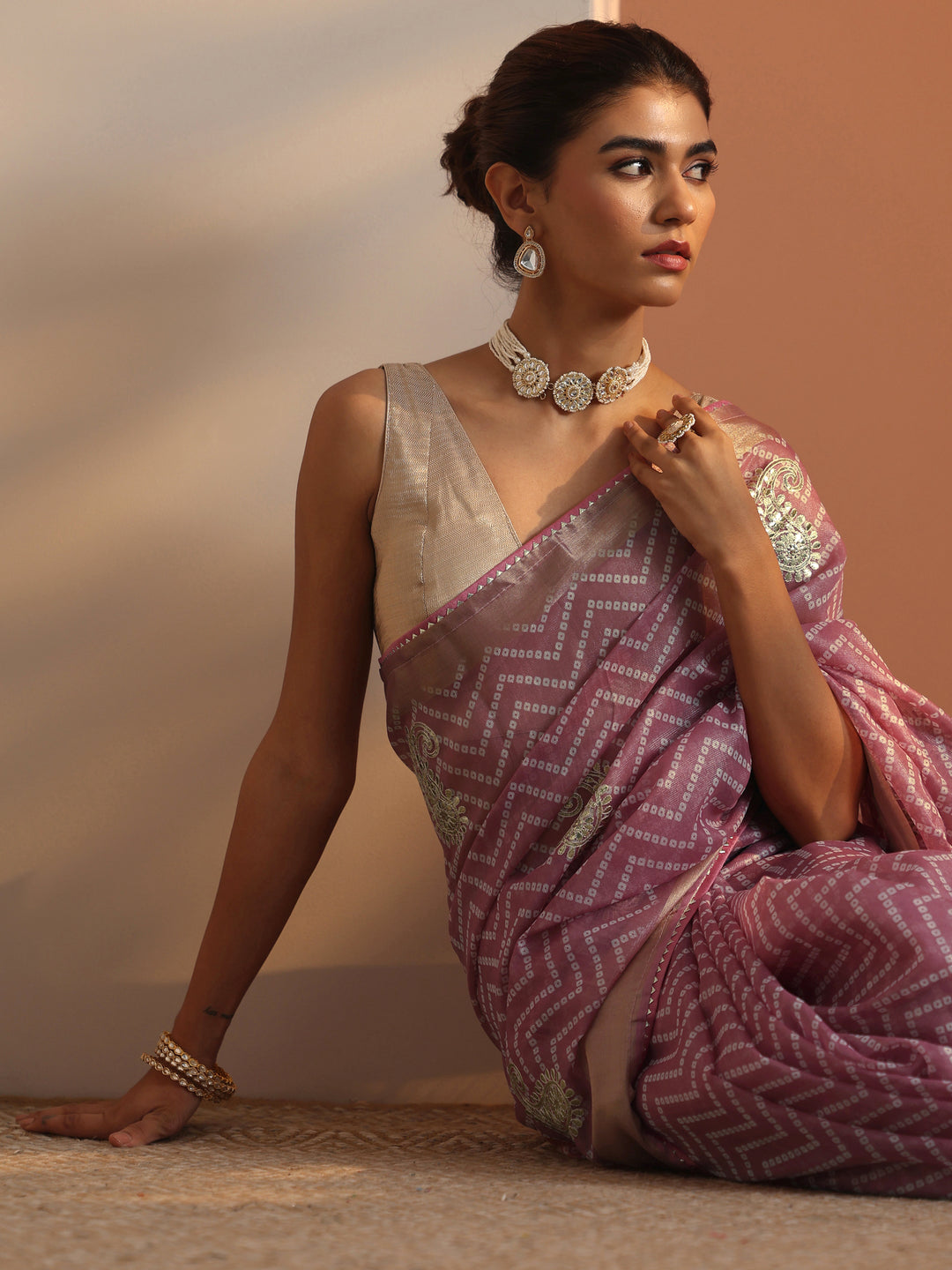 Mauve Printed Nylon Saree With Unstitched Blouse Piece