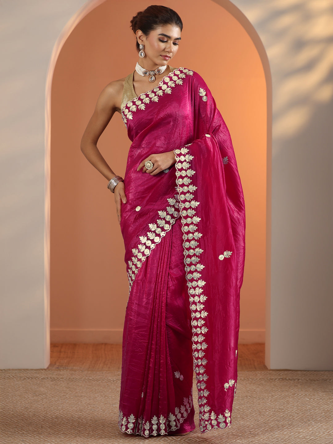  Pink Embroidered Organza Saree With Unstitched Blouse Piece 