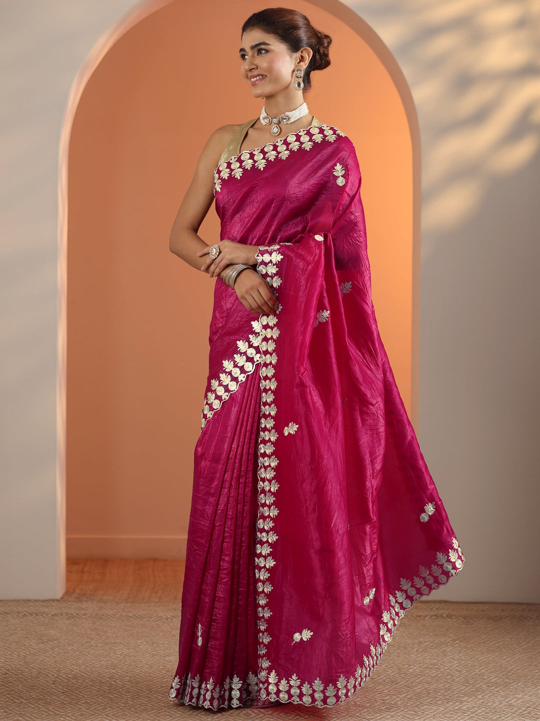  Pink Embroidered Jimmy Choo Organza Saree With Unstitched Blouse Piece 