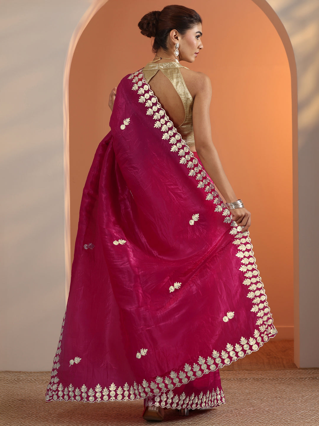  Pink Embroidered Organza Saree With Unstitched Blouse Piece 