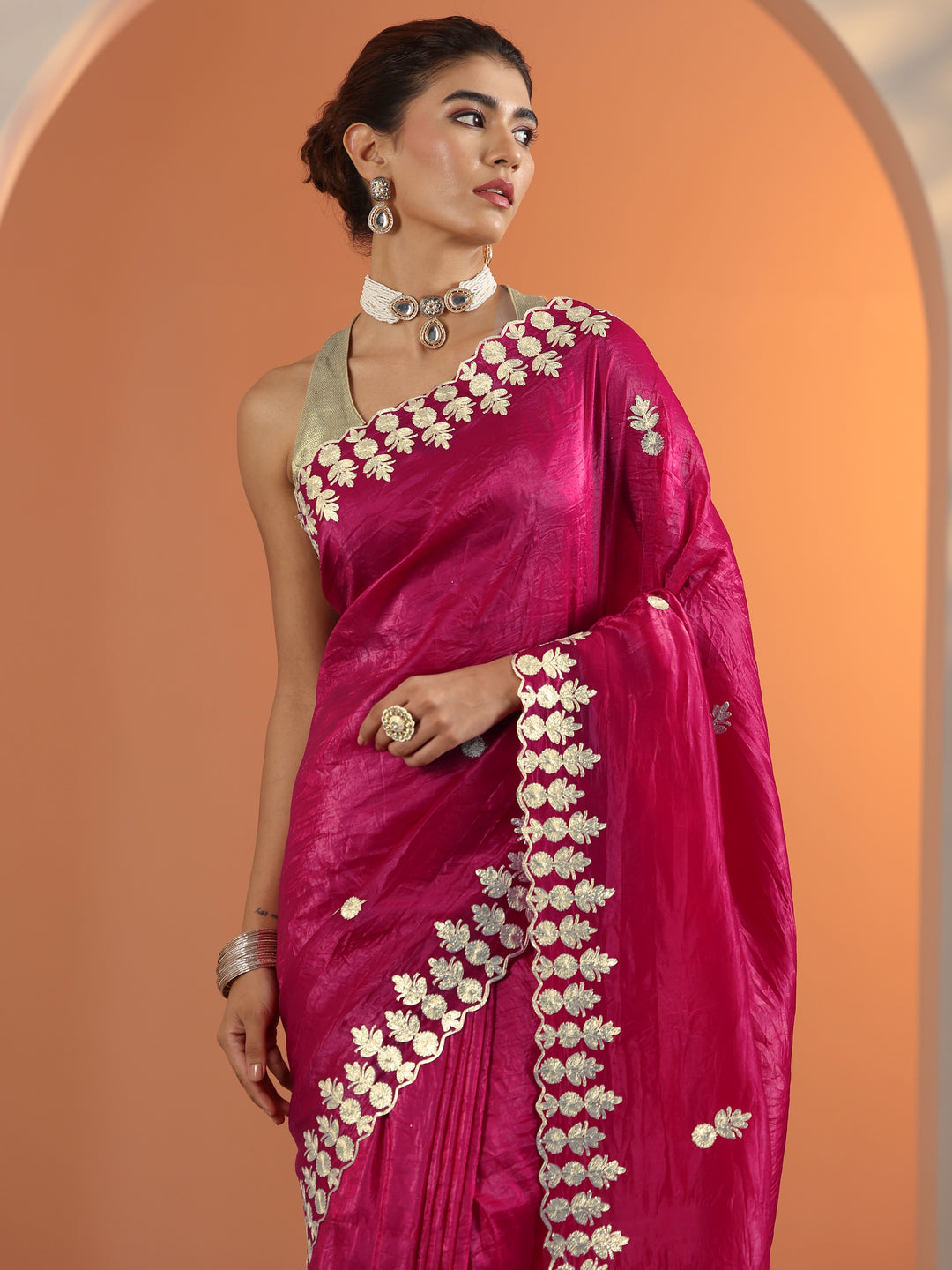  Pink Embroidered Organza Saree With Unstitched Blouse Piece 