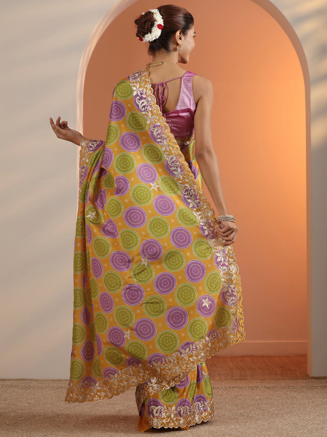  Mustard Printed Crepe Saree With Unstitched Blouse Piece 