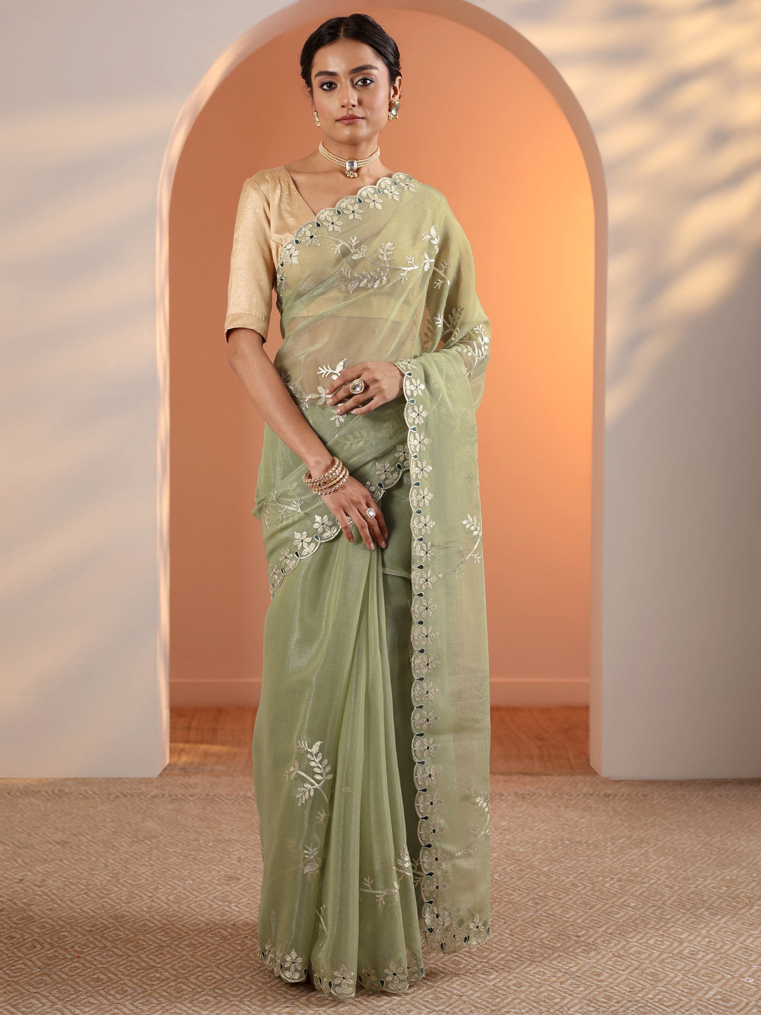  Green Embellished Jimmy Choo Organza Saree With Unstitched Blouse Piece 