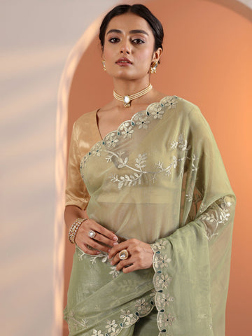 Green Embellished Jimmy Choo Organza Saree With Unstitched Blouse Piece