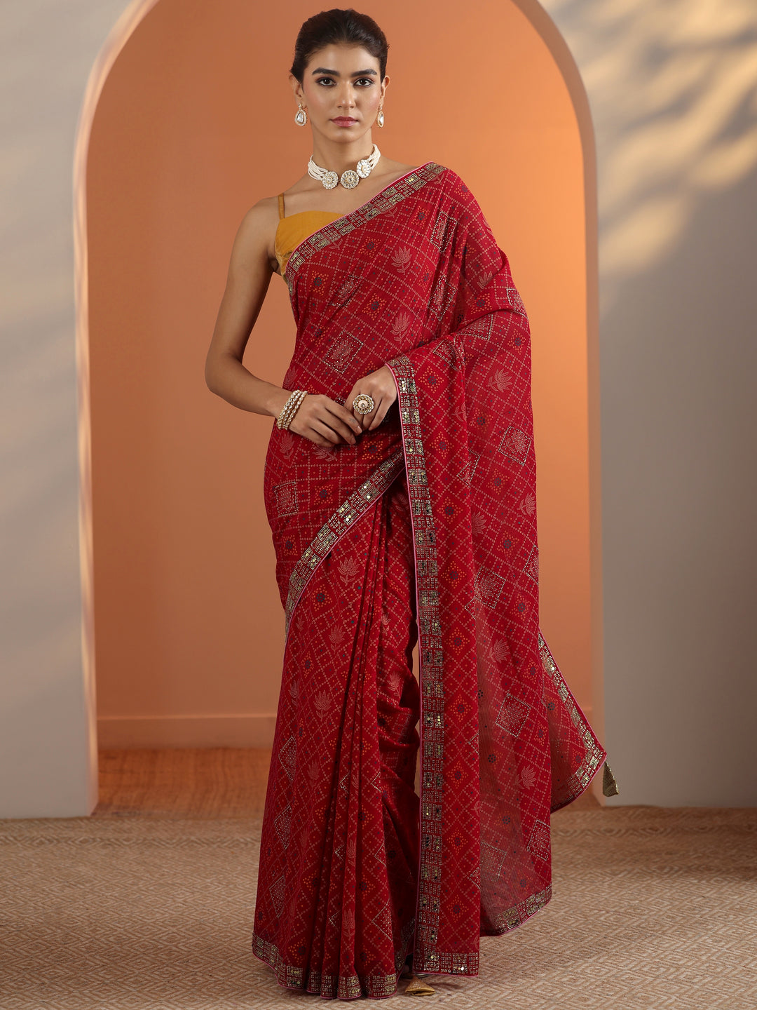  Red Printed Georgette Saree With Unstitched Blouse Piece 