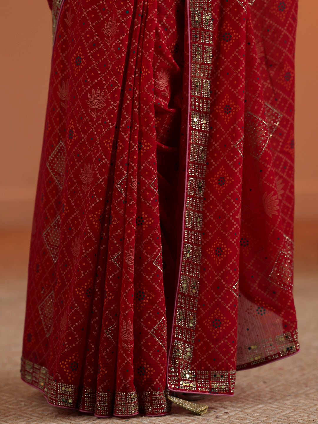  Red Printed Georgette Saree With Unstitched Blouse Piece 