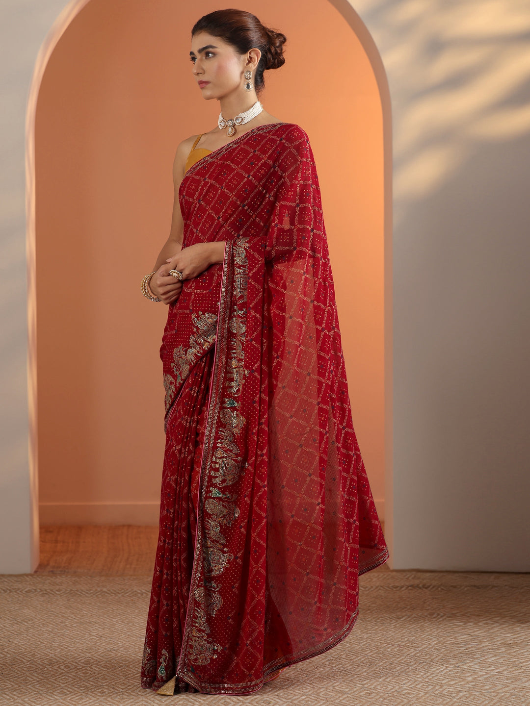  Red Printed Georgette Saree With Unstitched Blouse Piece 