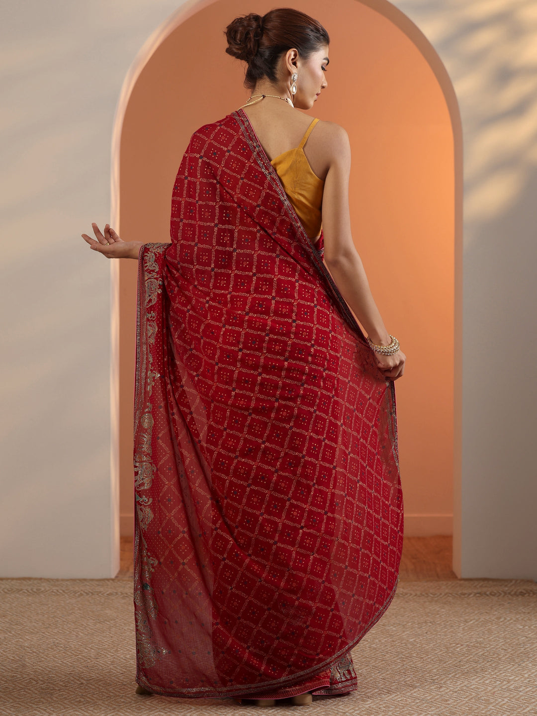  Red Printed Georgette Saree With Unstitched Blouse Piece 