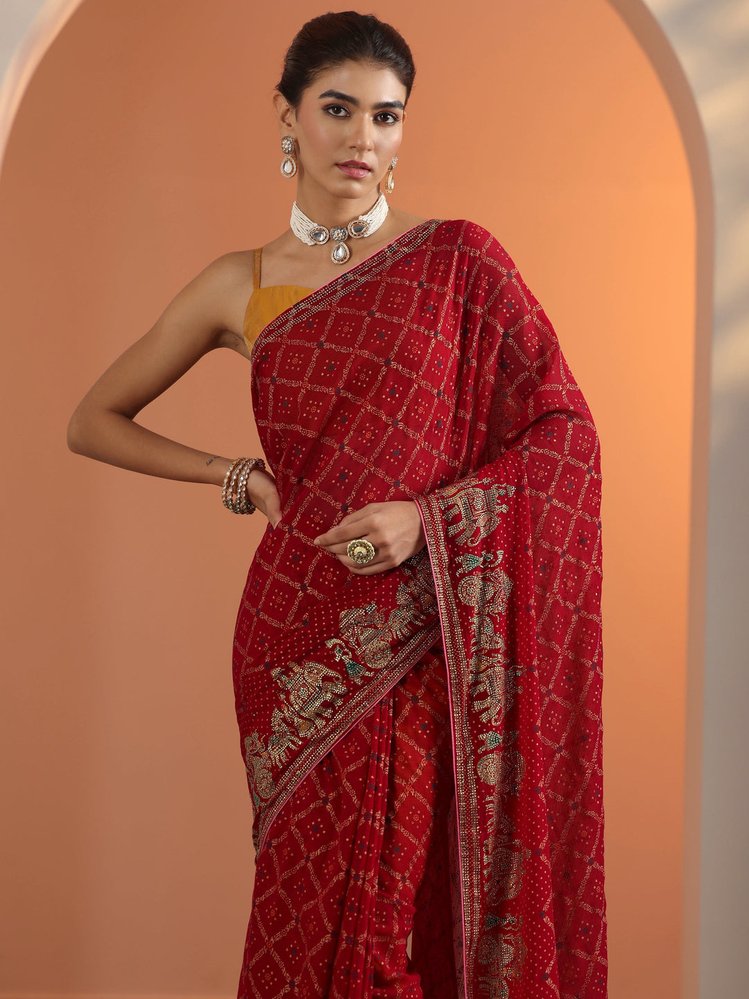  Red Printed Georgette Saree With Unstitched Blouse Piece 