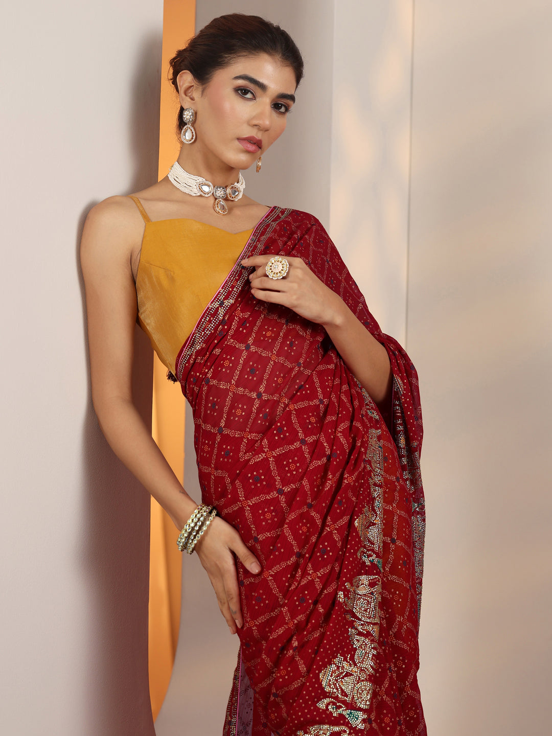  Red Printed Georgette Saree With Unstitched Blouse Piece 