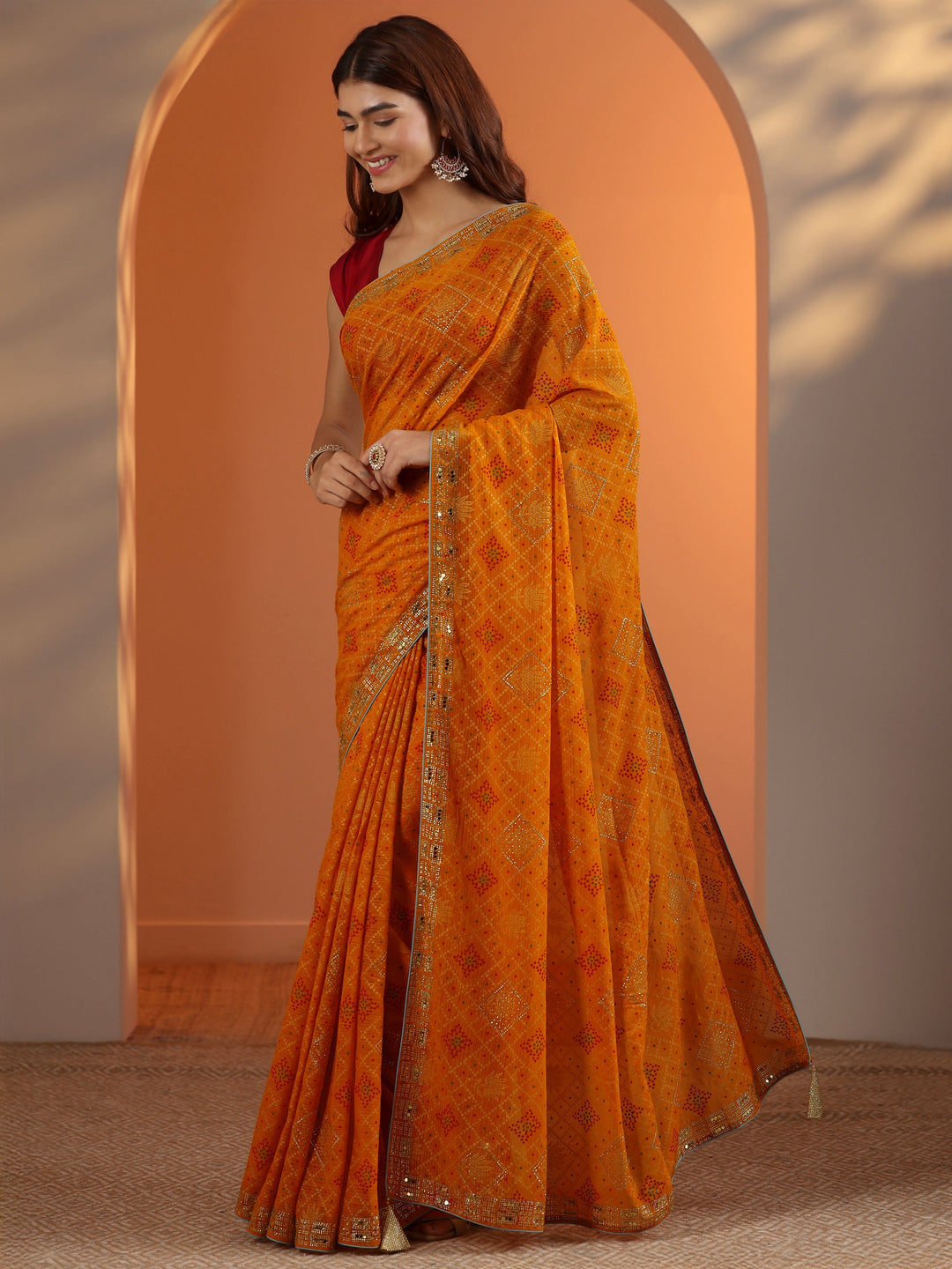  Mustard Printed Georgette Saree With Unstitched Blouse Piece 