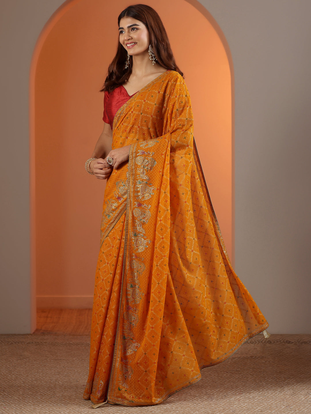  Mustard Printed Georgette Saree With Unstitched Blouse Piece 