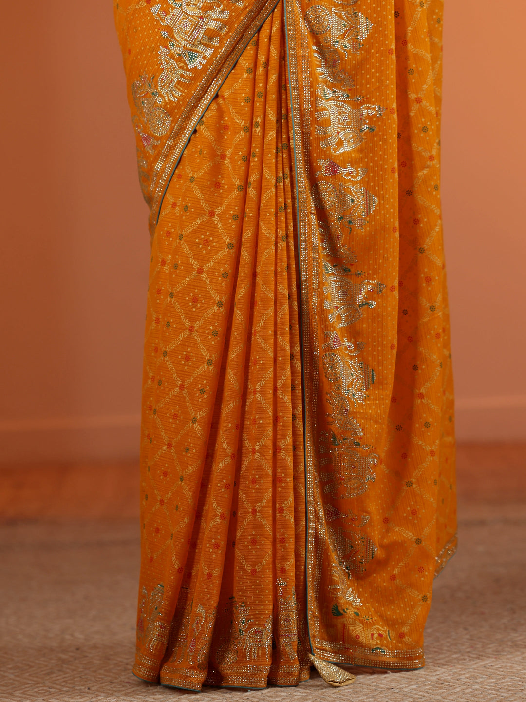  Mustard Printed Georgette Saree With Unstitched Blouse Piece 