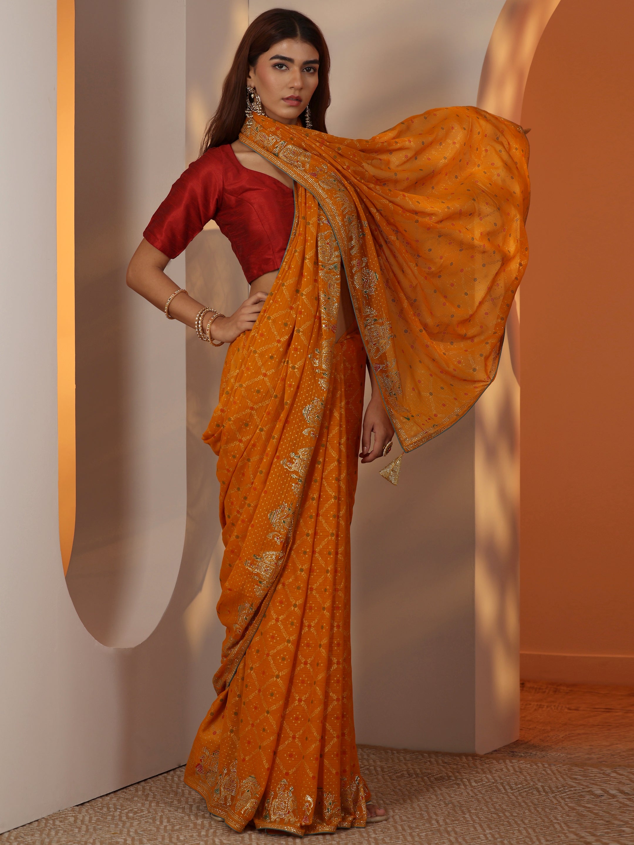 libas Mustard Printed Georgette Saree With Unstitched Blouse Piece-picture-15