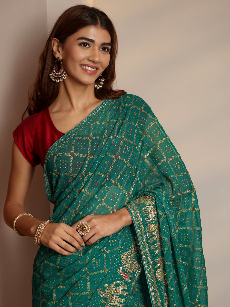 Libas Green Printed Georgette Saree With Unstitched Blouse Piece