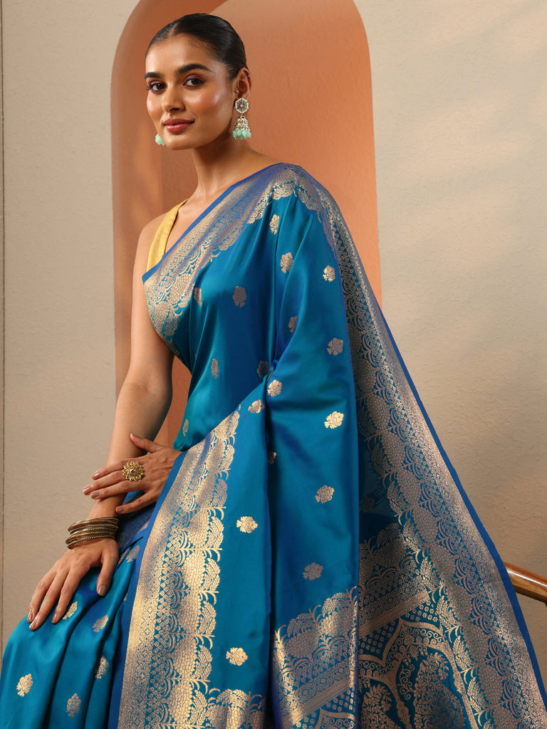 Libas Blue Woven Design Banarasi Silk Blend Saree With Unstitched Blouse Piece