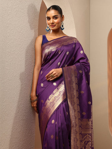 Purple Woven Design Banarasi Silk Blend Saree With Unstitched Blouse Piece