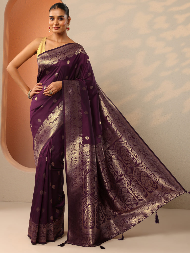 Libas Burgundy Woven Design Banarasi Silk Blend Saree With Unstitched Blouse Piece