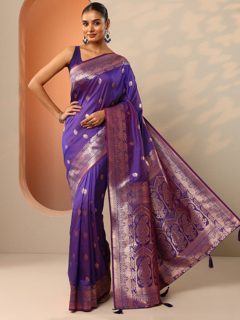 Libas Purple Woven Design Banarasi Silk Blend Saree With Unstitched Blouse Piece
