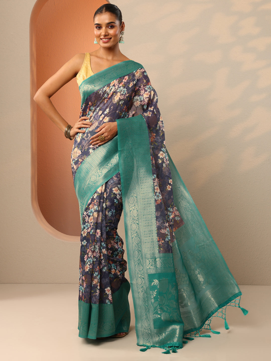  Blue Printed Silk Blend Saree With Unstitched Blouse Piece 