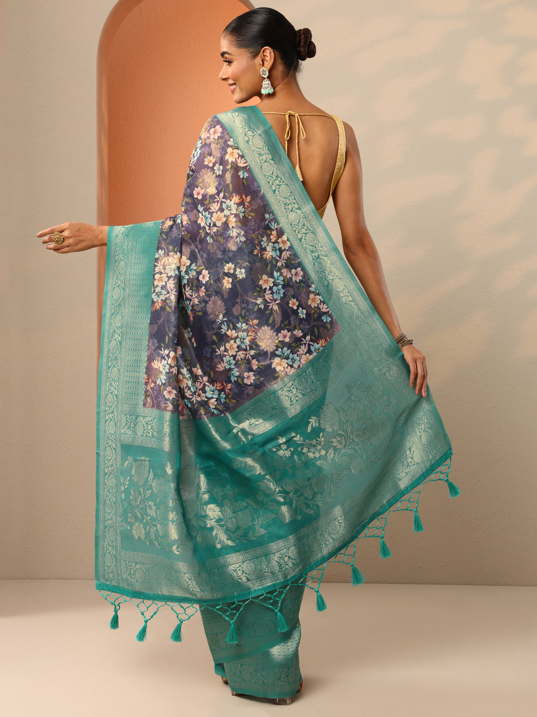  Blue Printed Silk Blend Saree With Unstitched Blouse Piece 