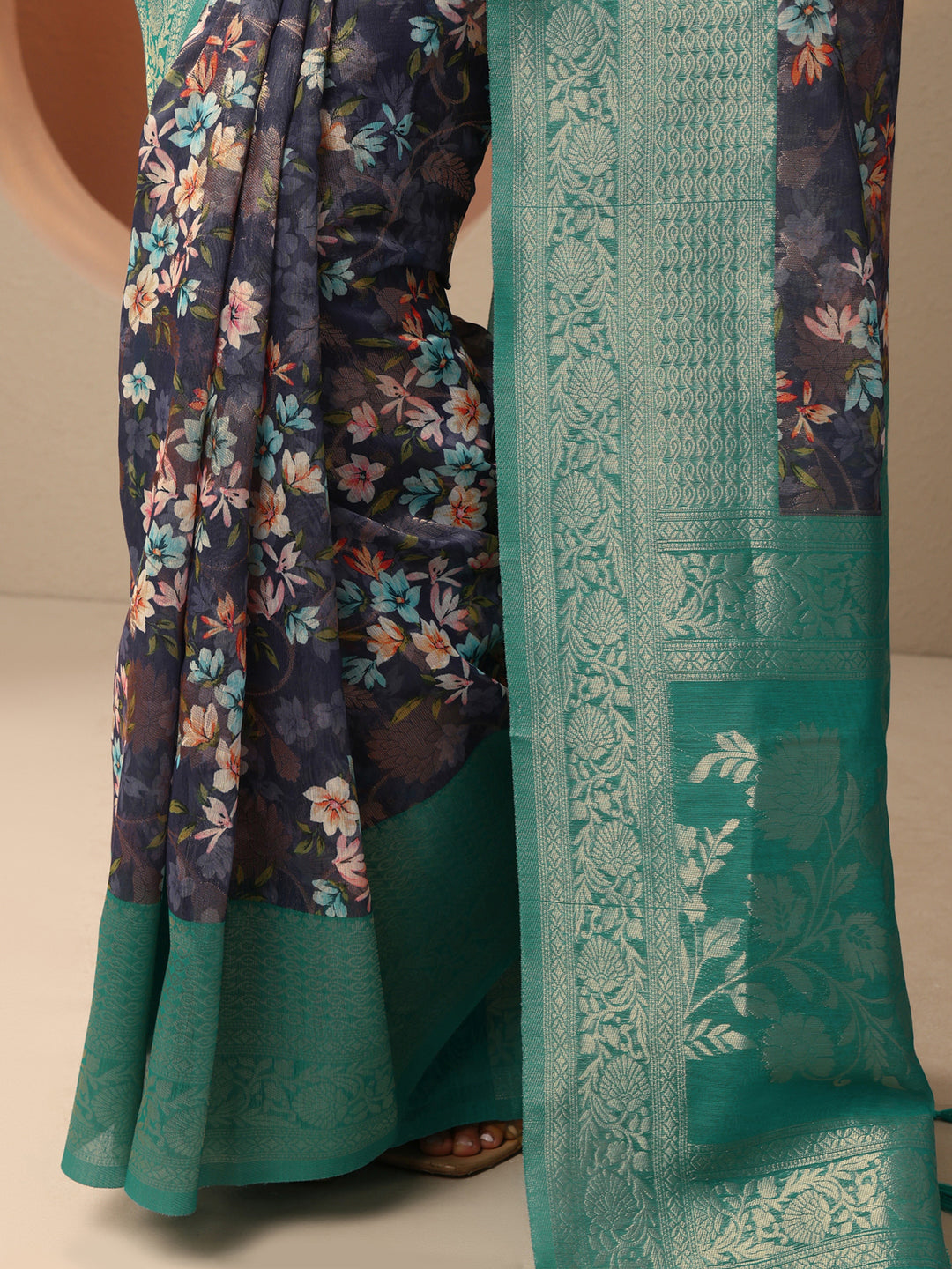  Blue Printed Silk Blend Saree With Unstitched Blouse Piece 