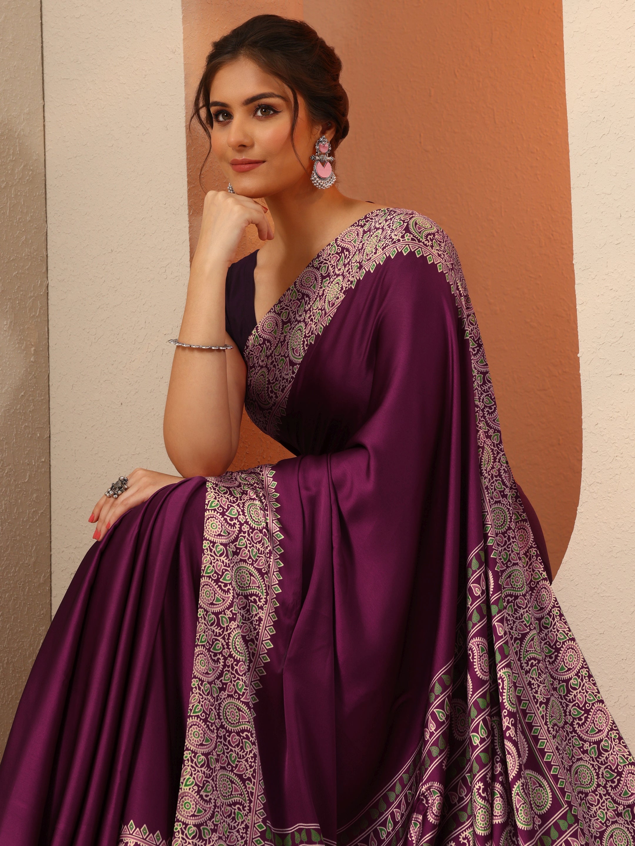 libas Burgundy Solid Satin Saree With Unstitched Blouse Piece-picture-58