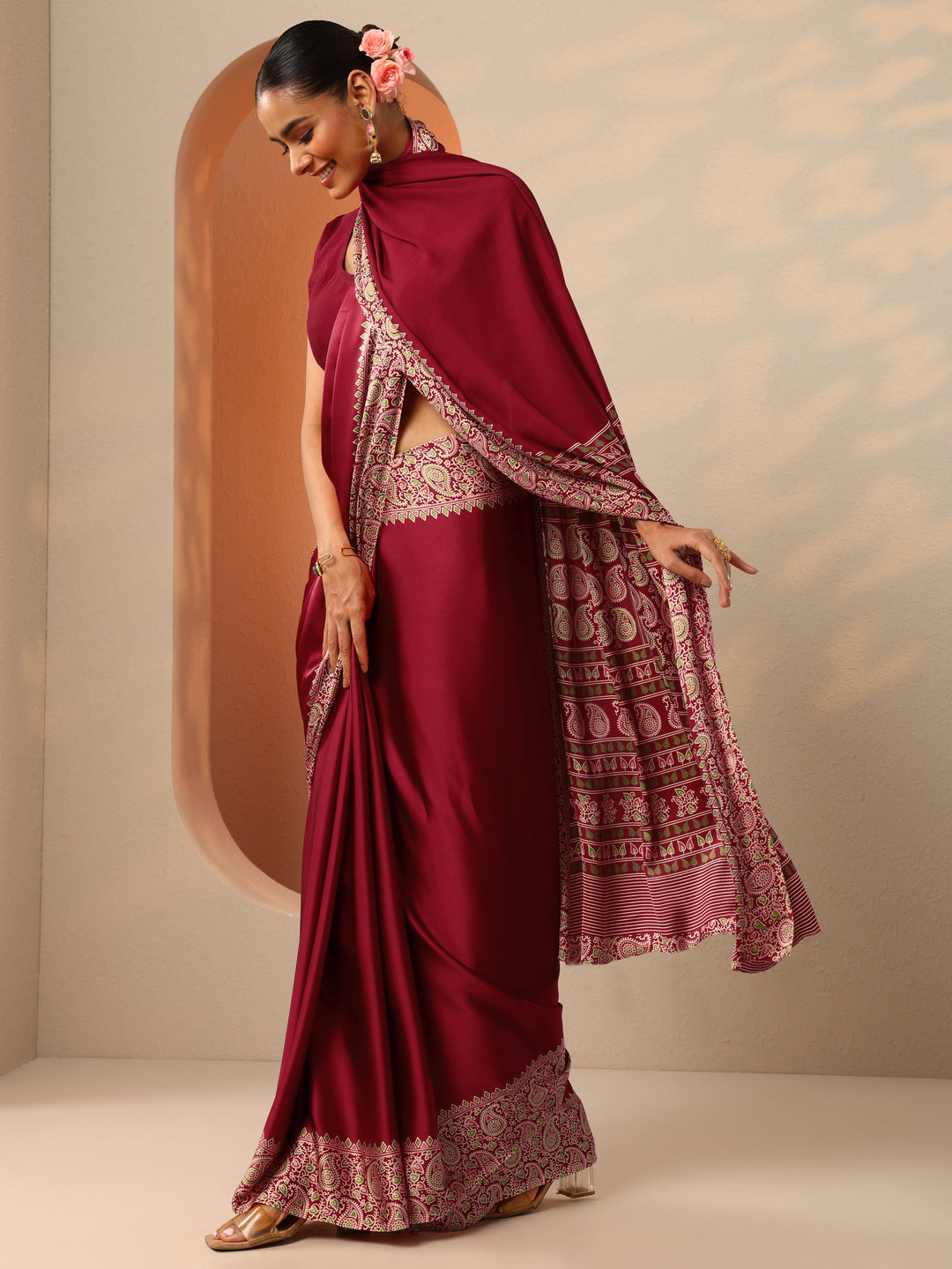 Red Solid Satin Saree With Unstitched Blouse Piece