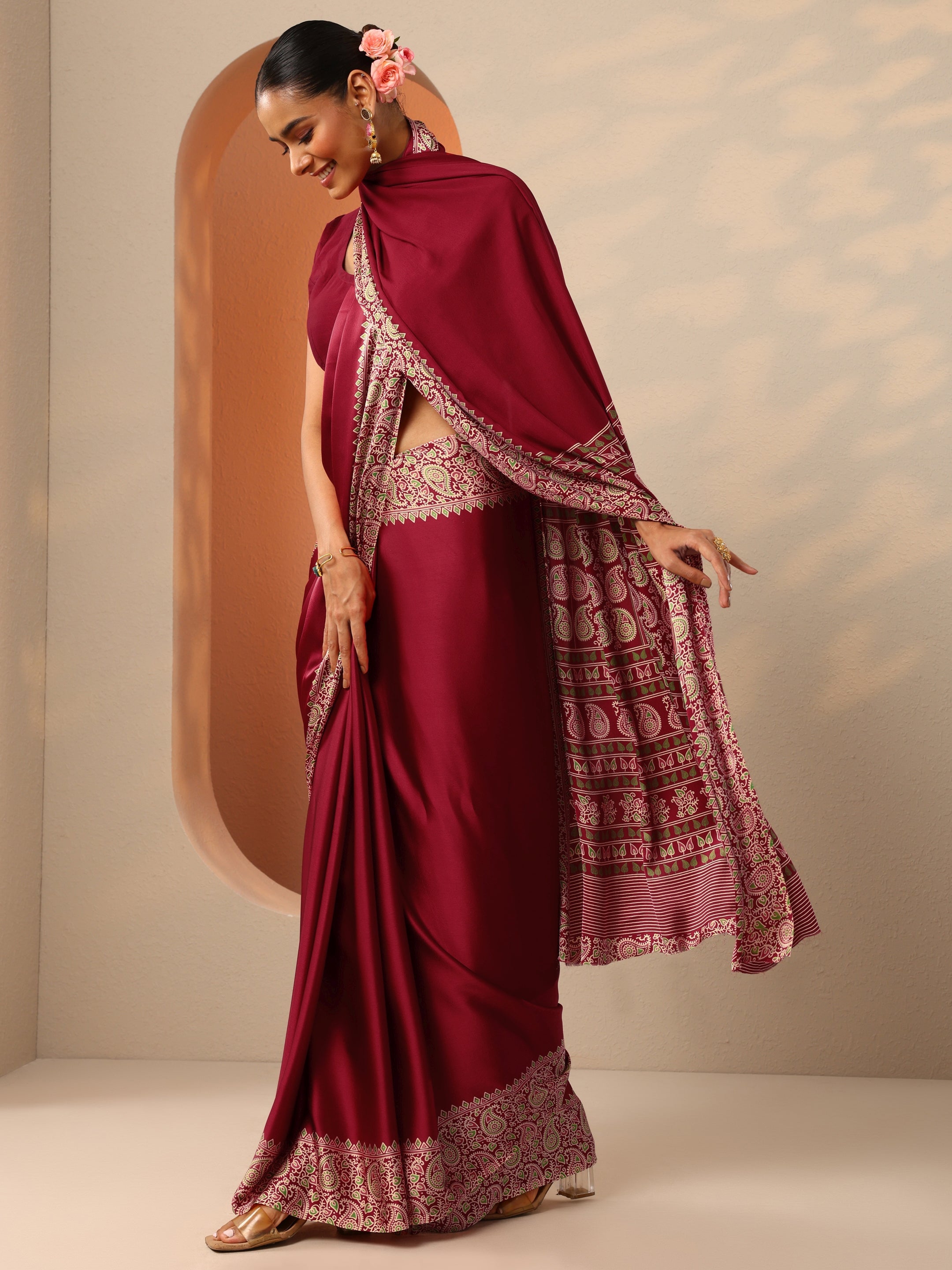 libas Red Solid Satin Saree With Unstitched Blouse Piece-picture-16