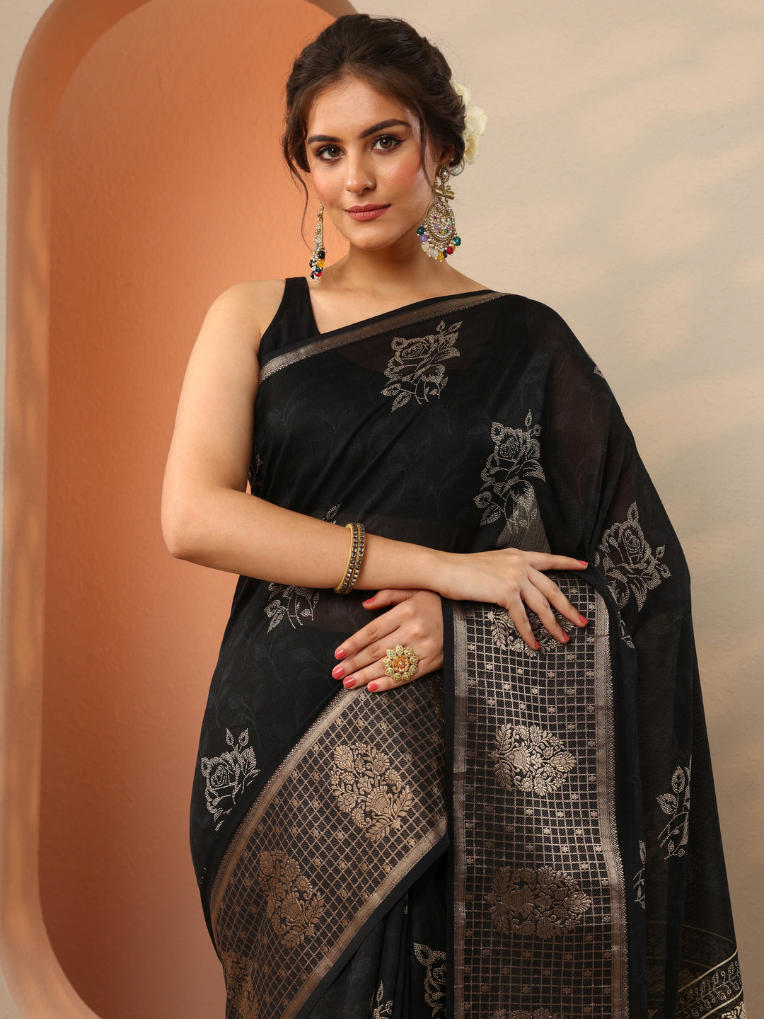  Black Printed Georgette Saree With Unstitched Blouse Piece 
