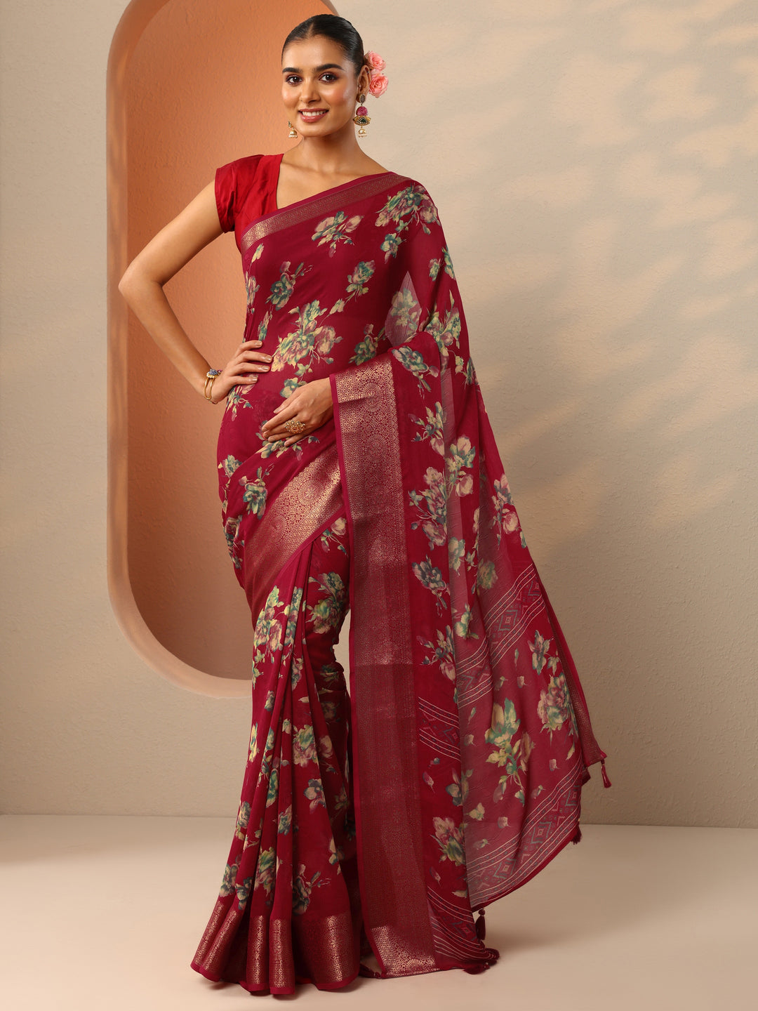  Red Printed Georgette Saree With Unstitched Blouse Piece 
