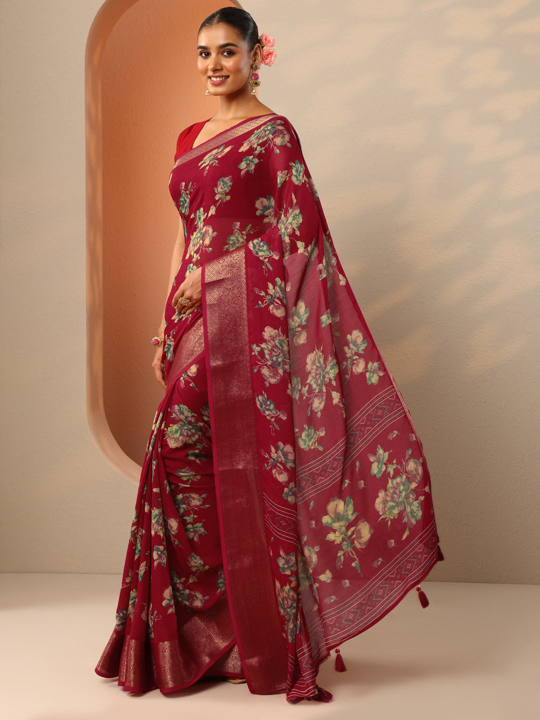  Red Printed Georgette Saree With Unstitched Blouse Piece 