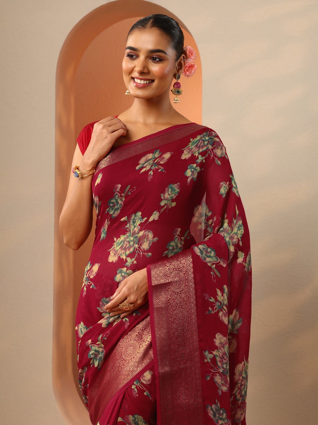  Red Printed Georgette Saree With Unstitched Blouse Piece 