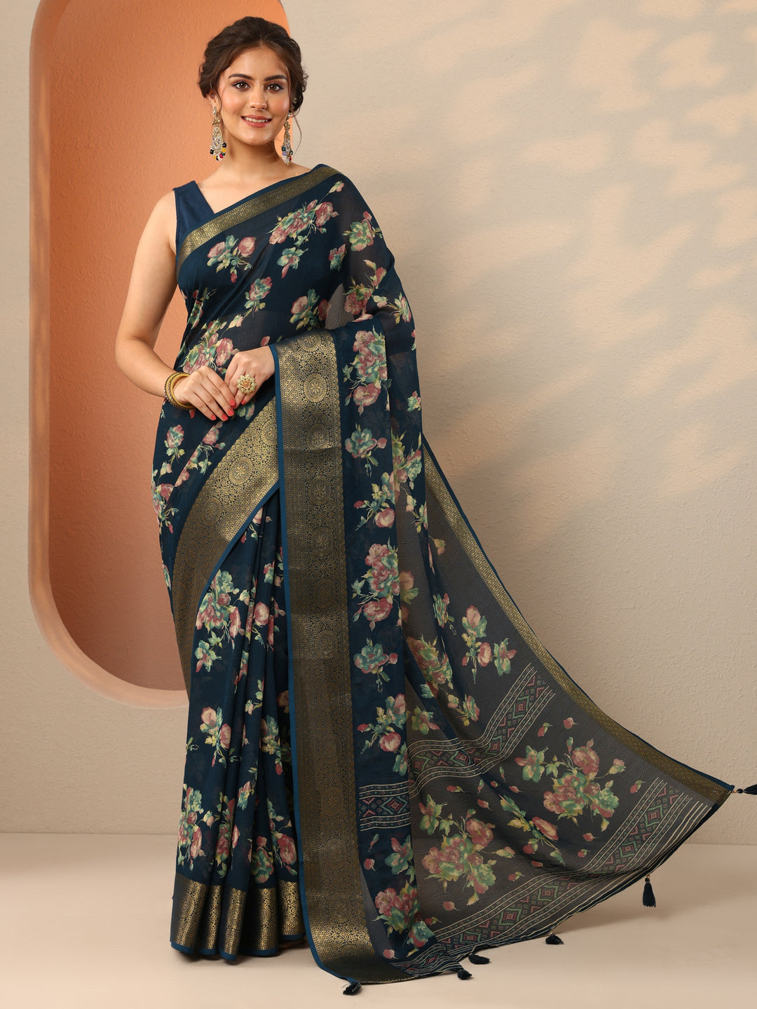  Navy Blue Printed Georgette Saree With Unstitched Blouse Piece 