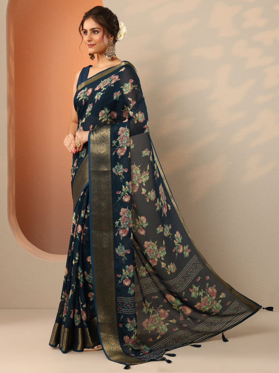  Navy Blue Printed Georgette Saree With Unstitched Blouse Piece 