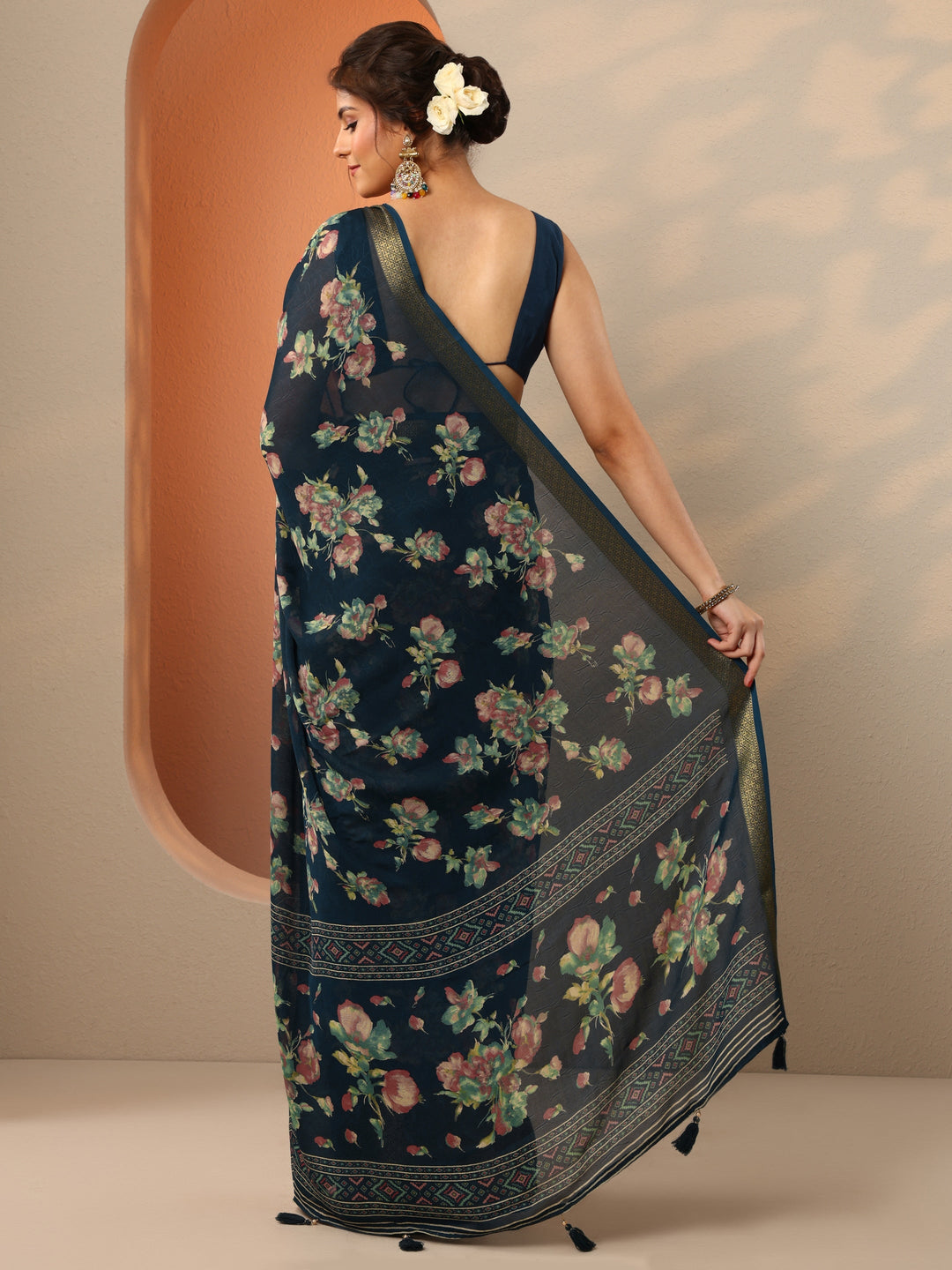  Navy Blue Printed Georgette Saree With Unstitched Blouse Piece 