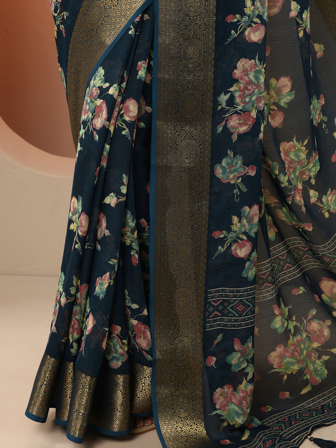  Navy Blue Printed Georgette Saree With Unstitched Blouse Piece 