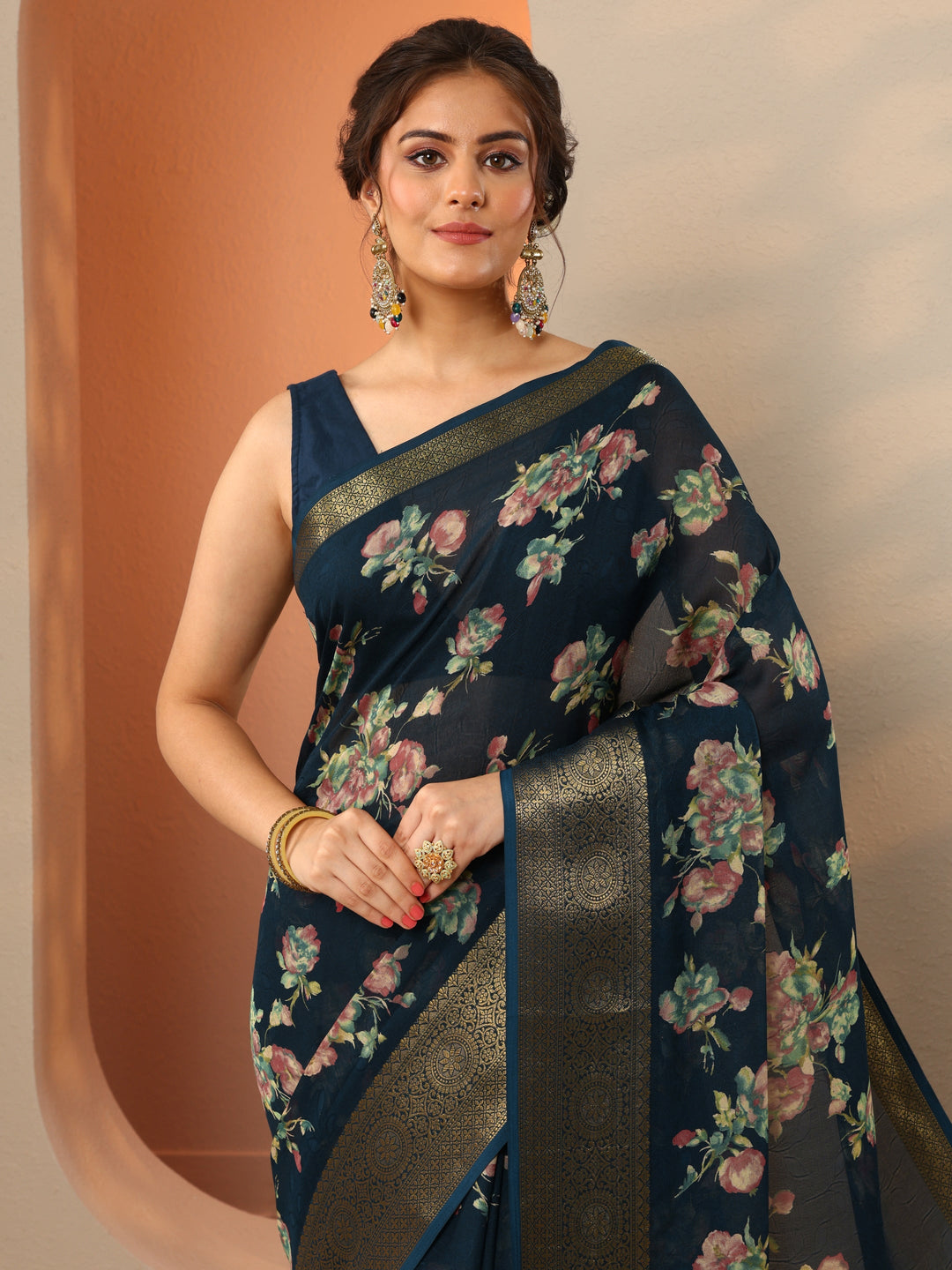  Navy Blue Printed Georgette Saree With Unstitched Blouse Piece 