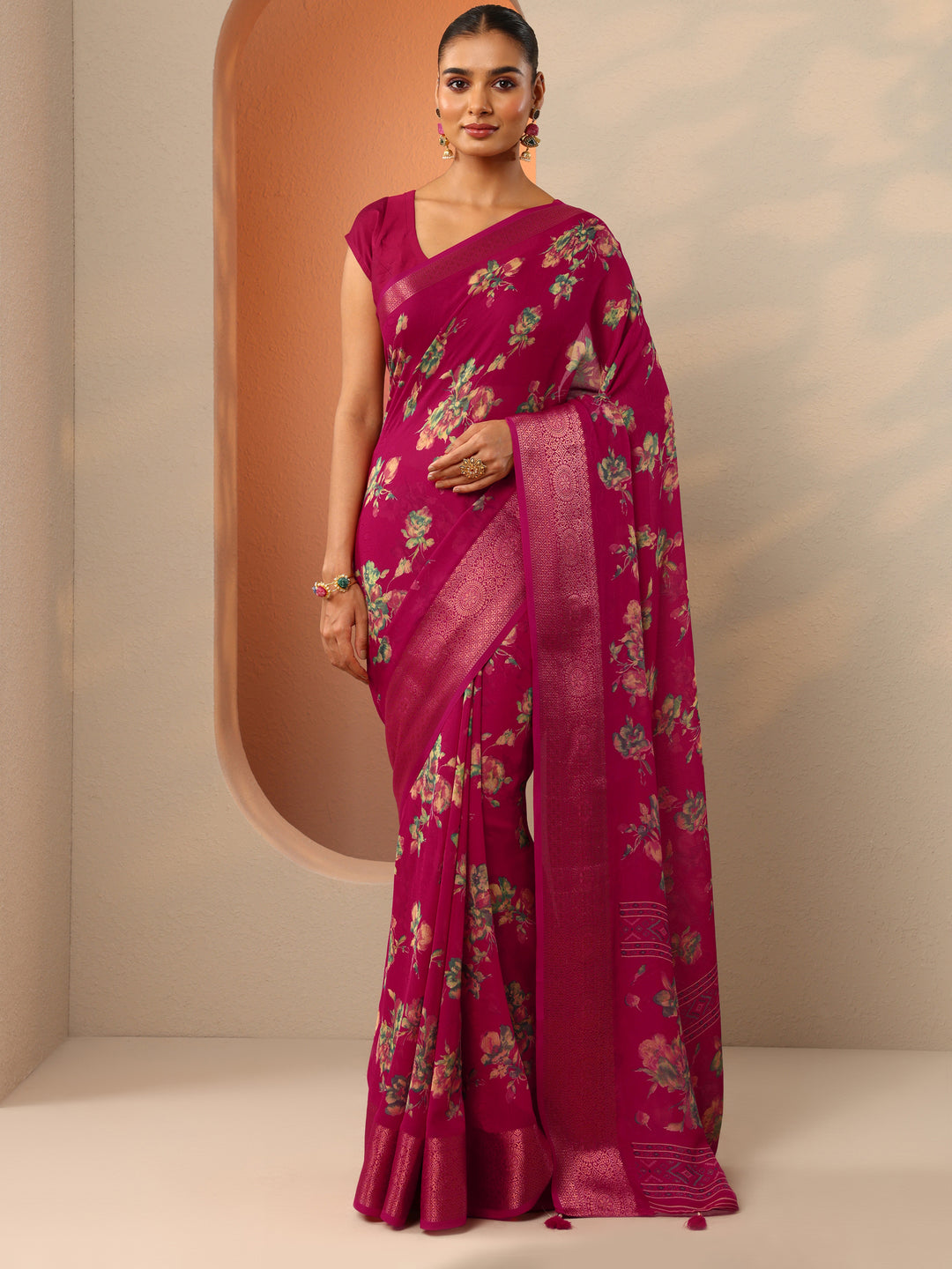  Pink Printed Georgette Saree With Unstitched Blouse Piece 