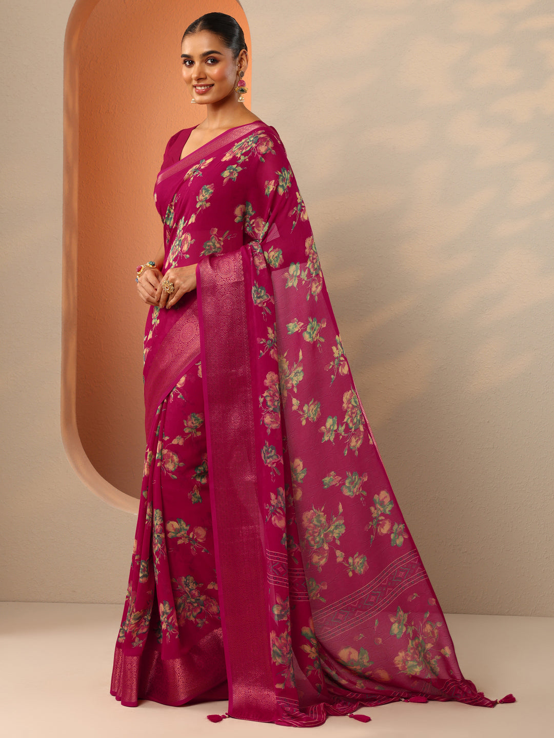  Pink Printed Georgette Saree With Unstitched Blouse Piece 