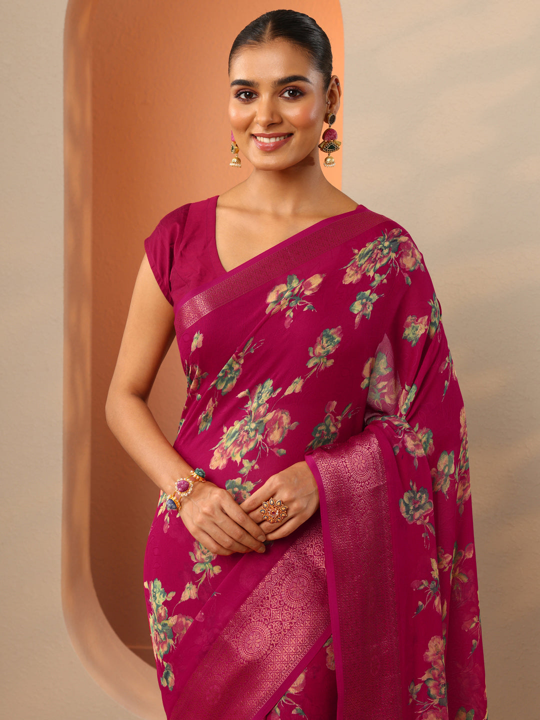  Pink Printed Georgette Saree With Unstitched Blouse Piece 