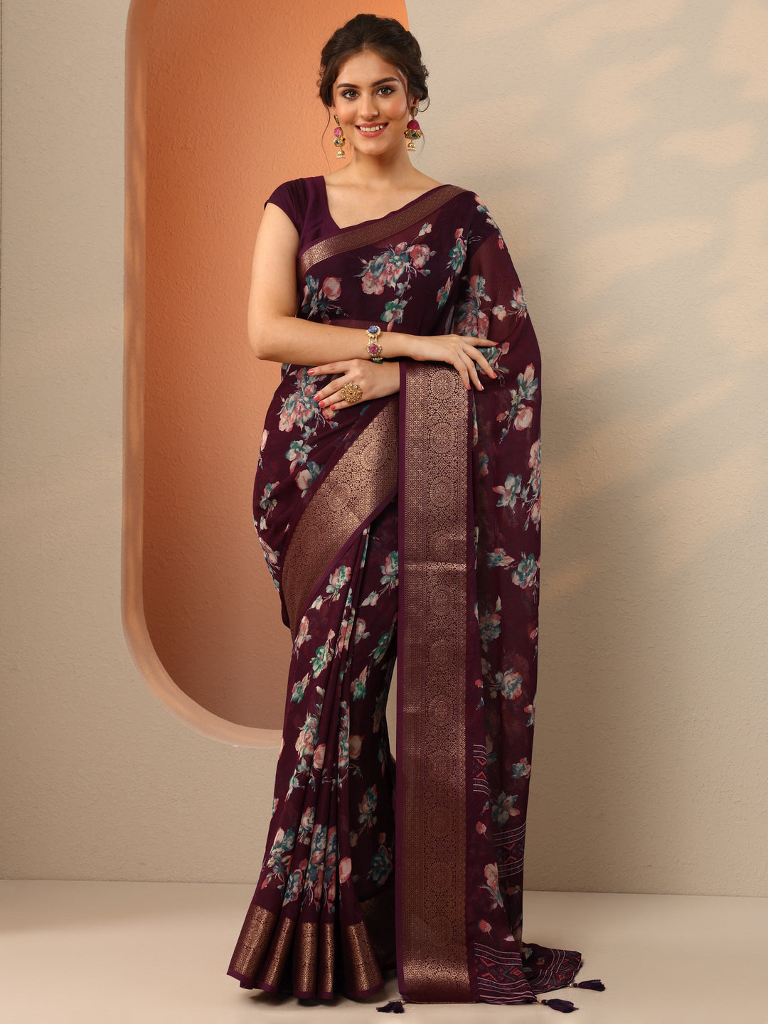  Burgundy Printed Georgette Saree With Unstitched Blouse Piece 